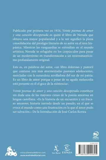 Contraportada Veinte poemas de amor y una canción desesperada