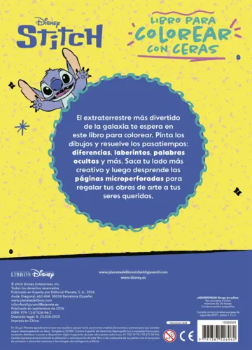 Contraportada Stitch. Libro para colorear con ceras