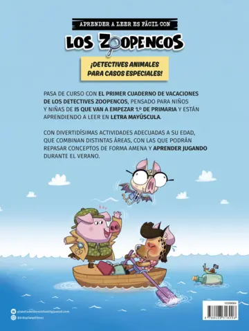 Contraportada Los Detectives Zoopencos. Cuaderno de vacaciones. Empiezo 1.º de Primaria